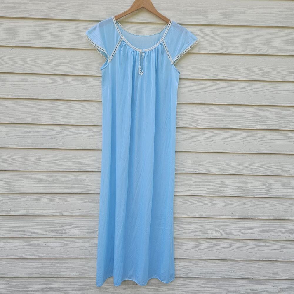 Vtg Sears Nylon Long Nightgown Womens Medium Blue 70s USA Prairie Cottage Granny